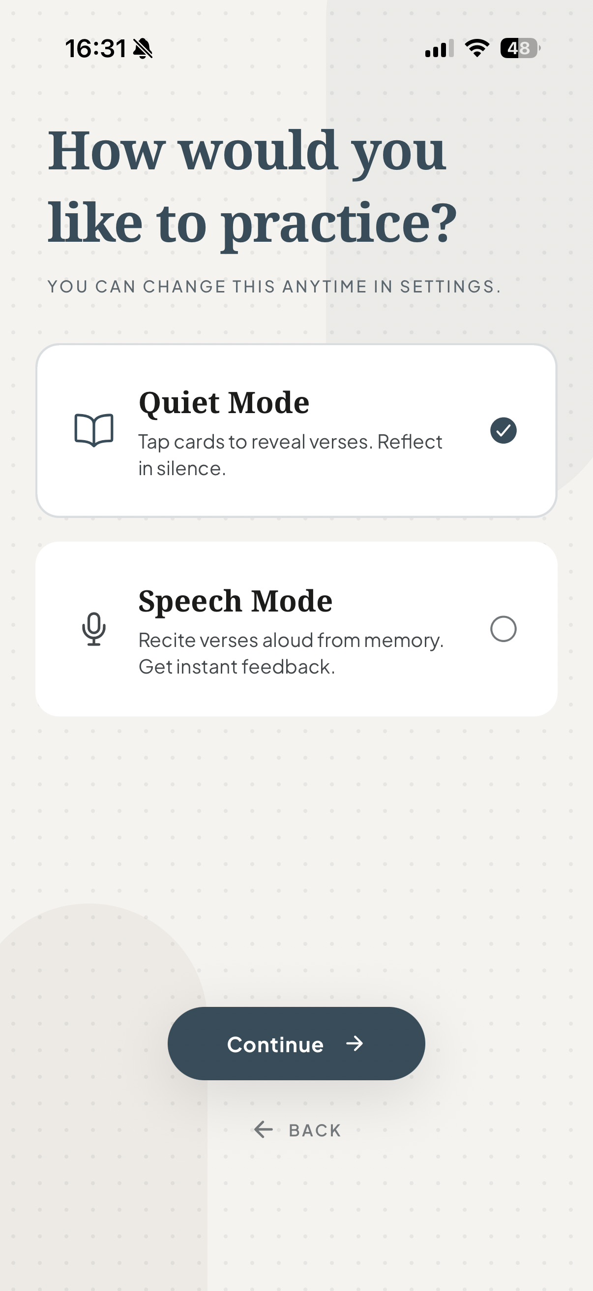 Practice mode screen